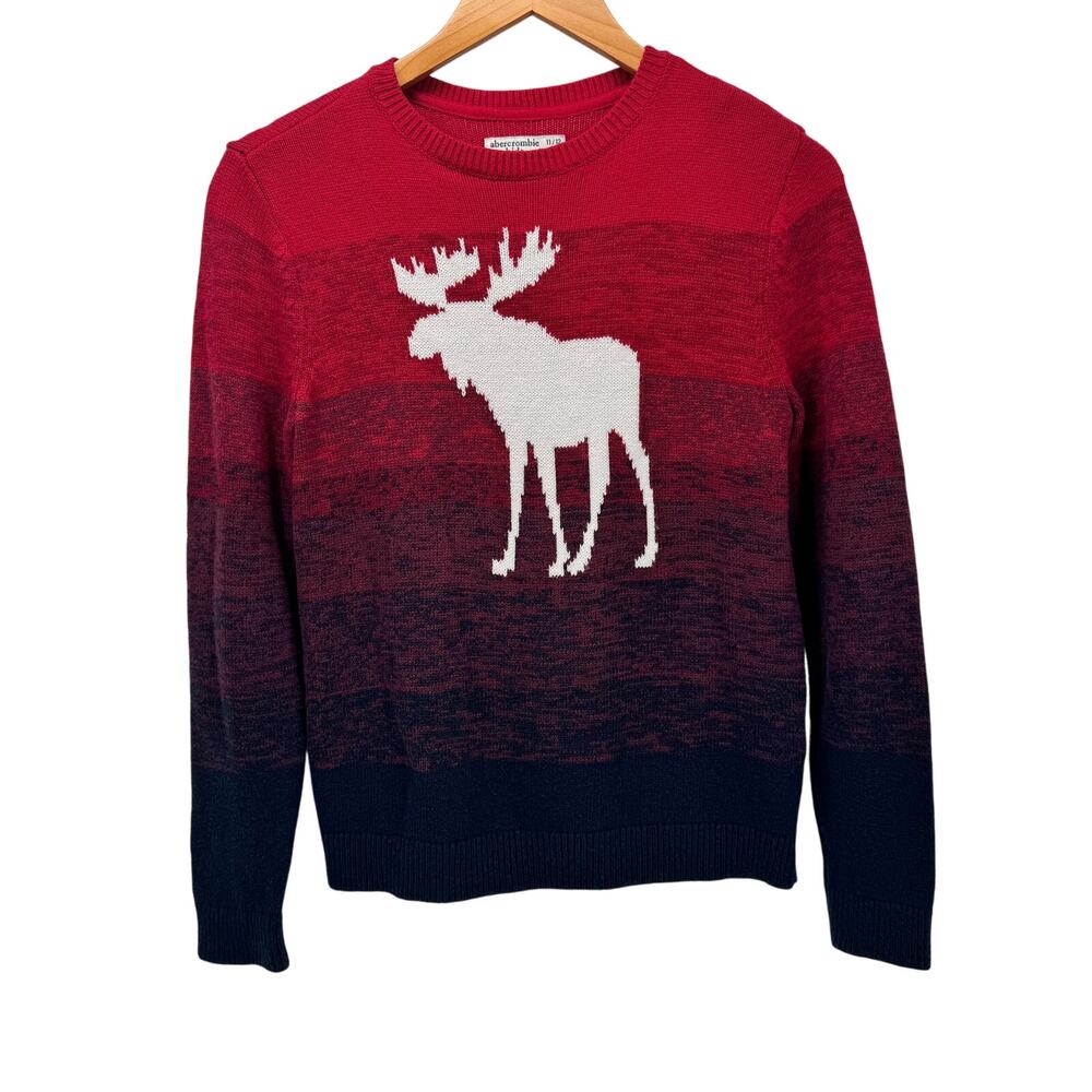 Abercrombie Kids Sweater Girls 11/12 Red Blue Ombre‎ Moose Logo Pullover Knit